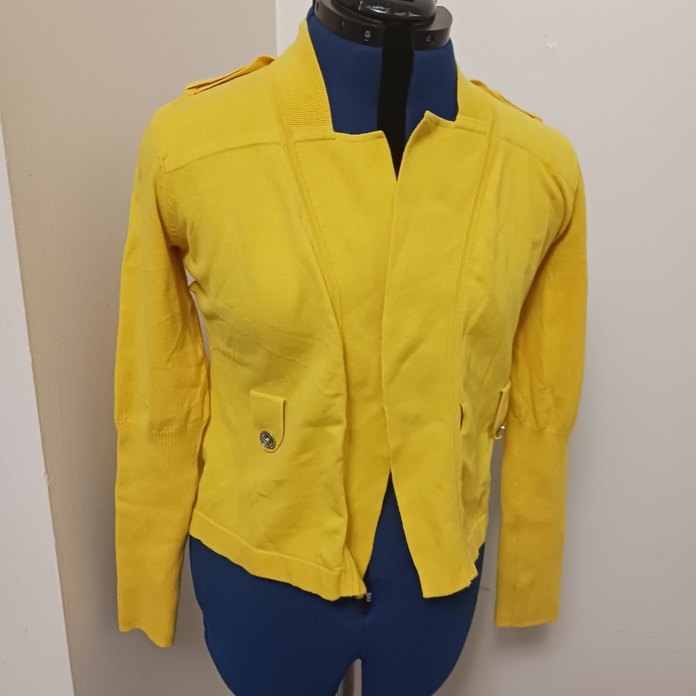 Karen Millen Sweater Cardigan Yellow Size 3 Ribbed Sleeve